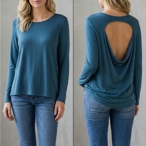 Olivia Moon Teal Blue Drape Open Back Knit Top Sz M Long Sleeve Made In USA EUC